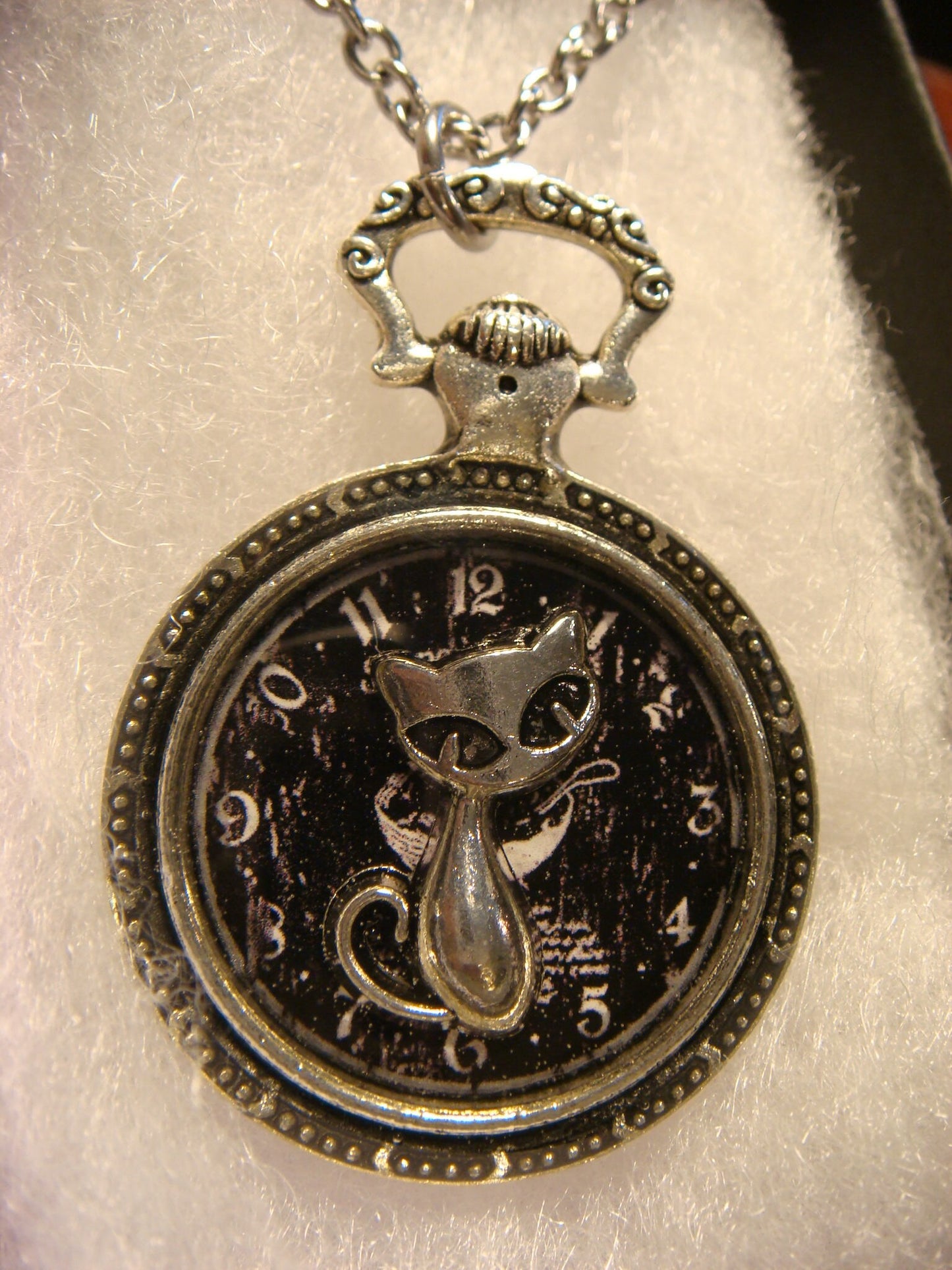 Cat over Clock Pocket Watch Pendant Necklace