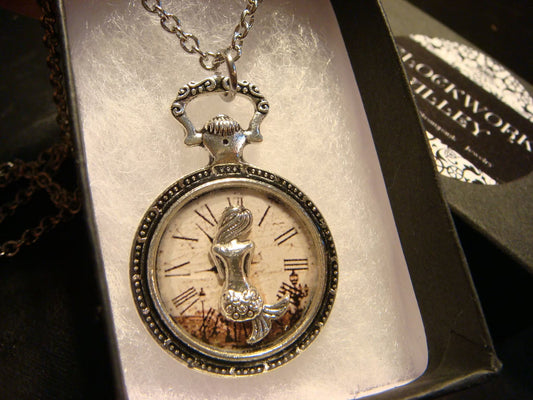 Mermaid over Victorian Clock Pocket Watch Pendant Necklace
