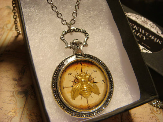 Bee over Compass Pocket Watch Pendant Necklace