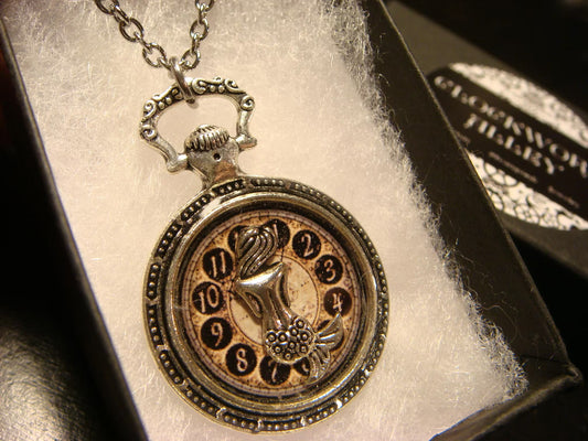 Mermaid over Clock Pocket Watch Pendant Necklace