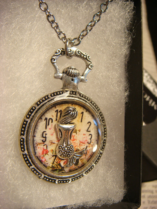 Mermaid over Floral Clock Pocket Watch Pendant Necklace