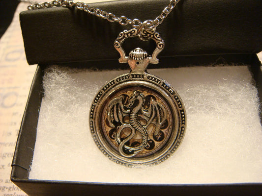 Dragon over Clock Pocket Watch Pendant Necklace