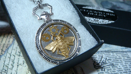 Bee with Watch Gears Pocket Watch Pendant Necklace