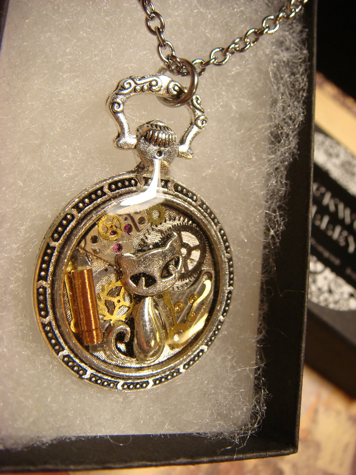 Clockwork Cat with Watch Parts Pocket Watch Pendant Necklace