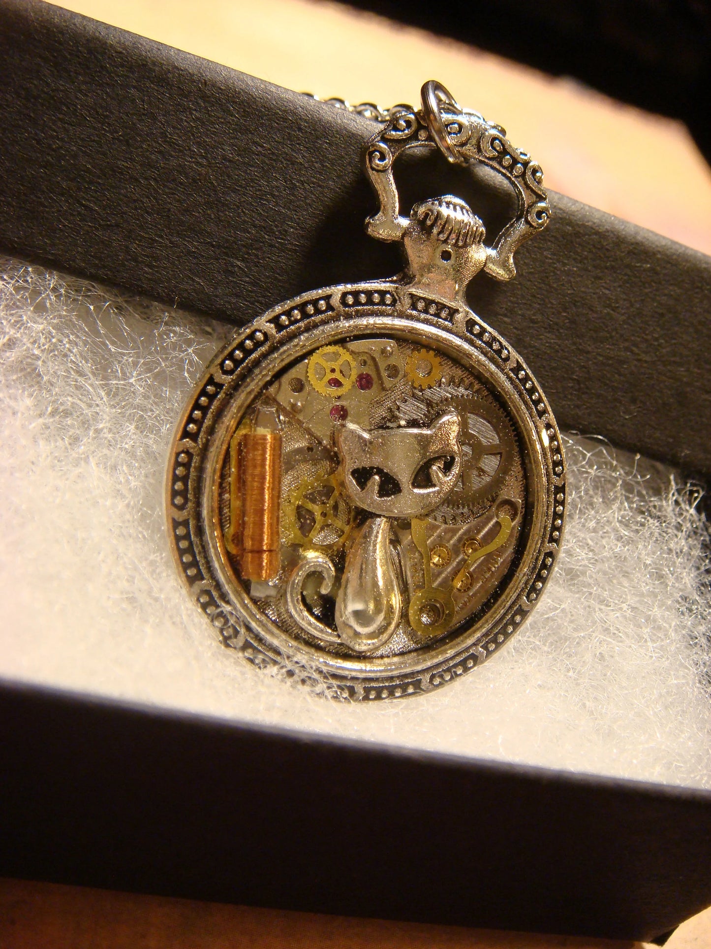 Clockwork Cat with Watch Parts Pocket Watch Pendant Necklace