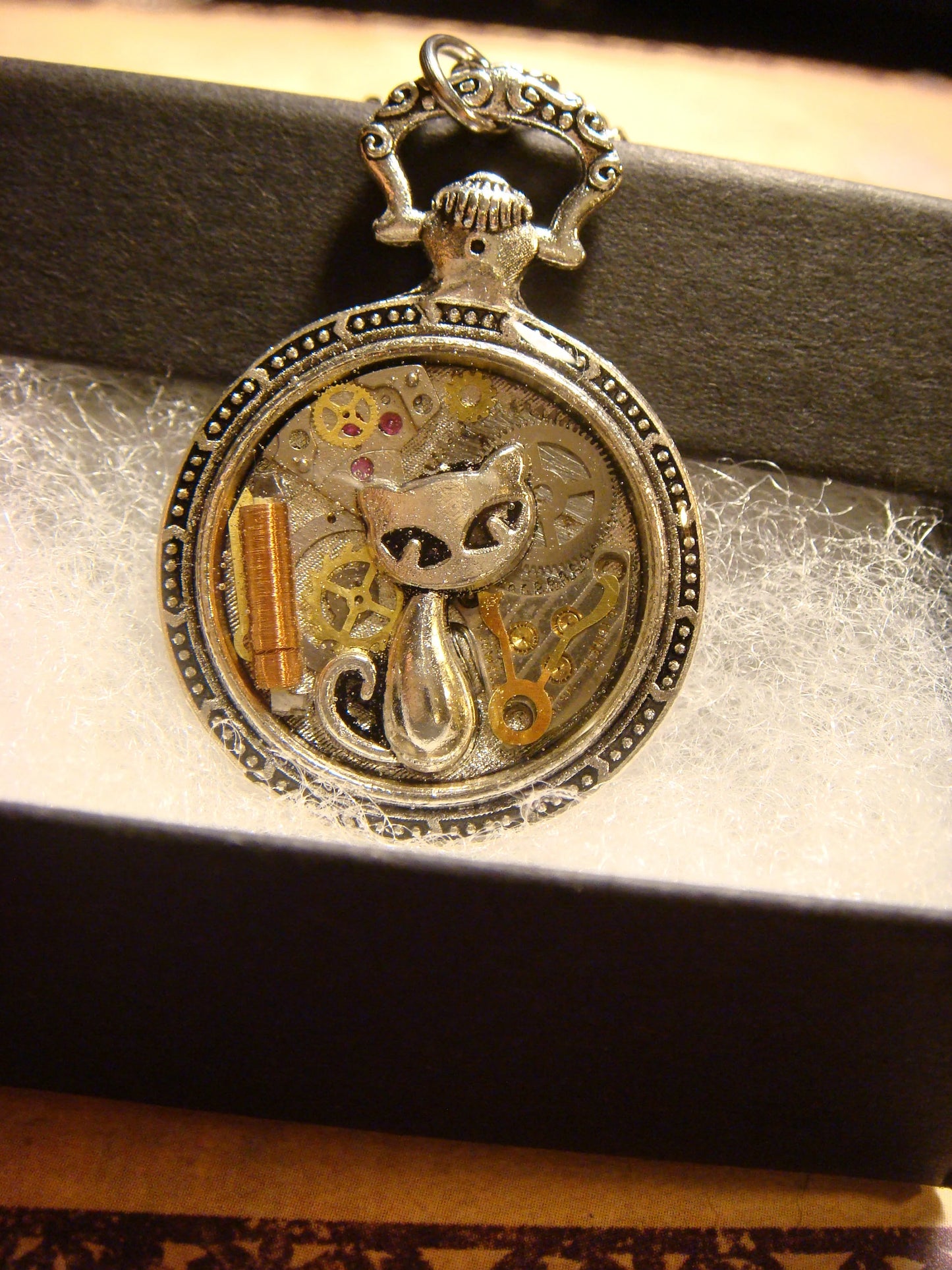 Clockwork Cat with Watch Parts Pocket Watch Pendant Necklace