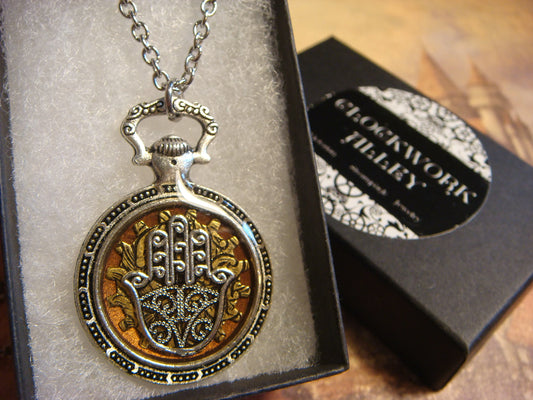 Hamsa over Etched Gear Pocket Watch Pendant Necklace