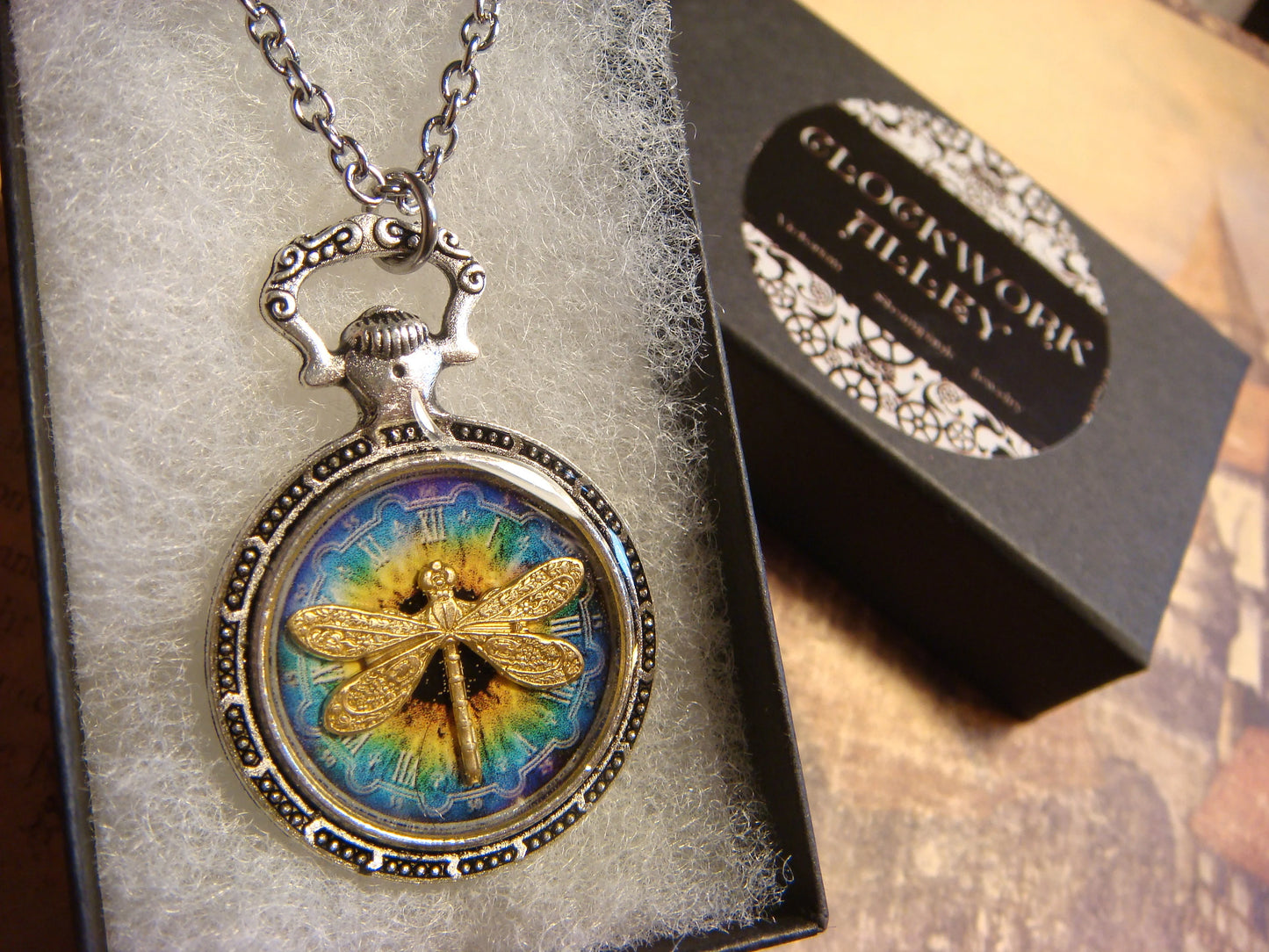 Dragonfly over Colorful Clock Pocket Watch Pendant Necklace
