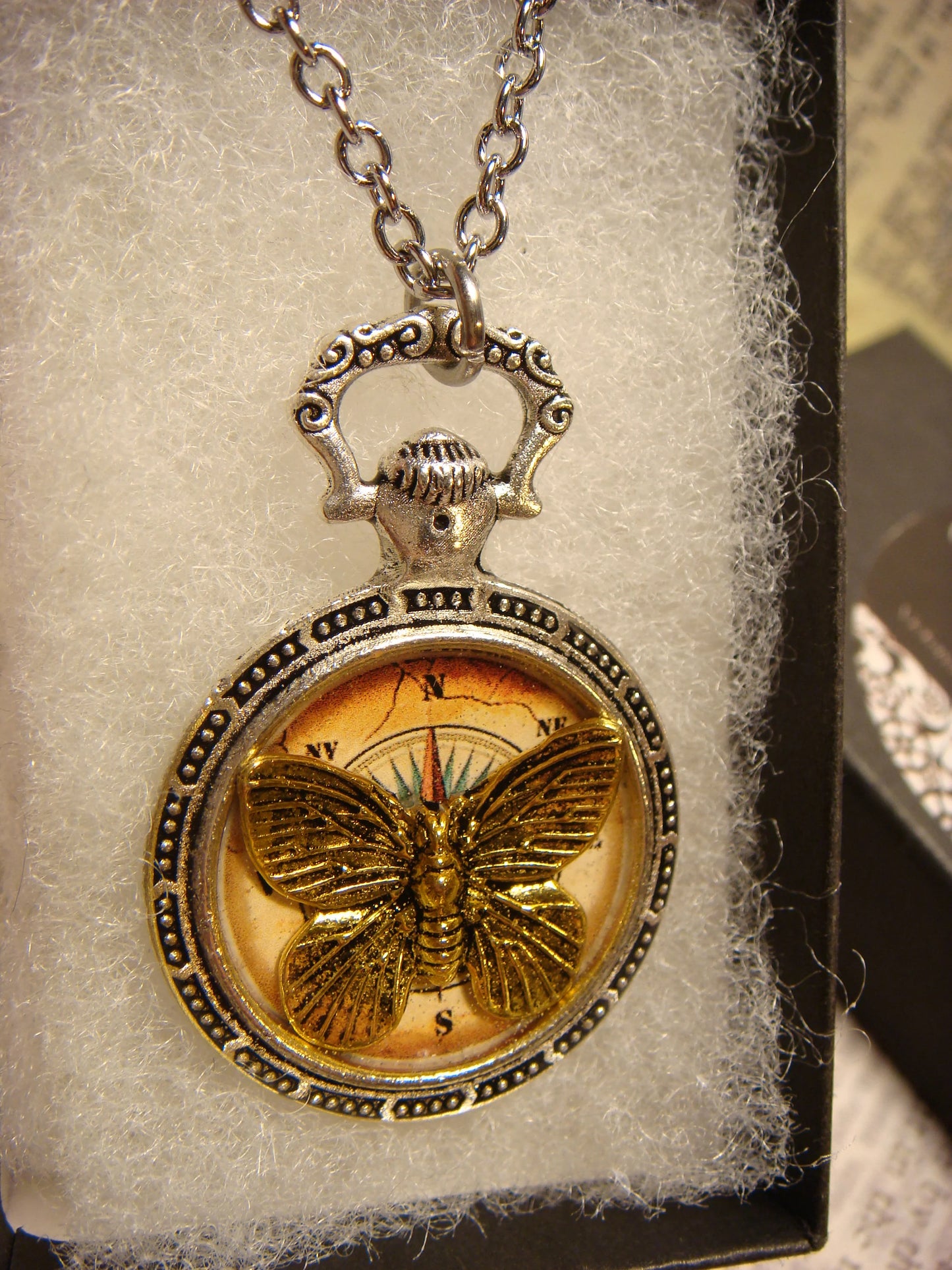 Butterfly over Compass Pocket Watch Pendant Necklace