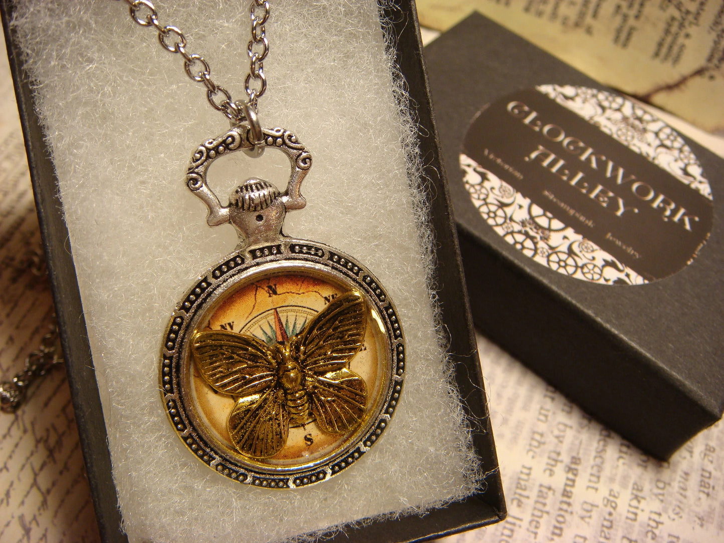 Butterfly over Compass Pocket Watch Pendant Necklace