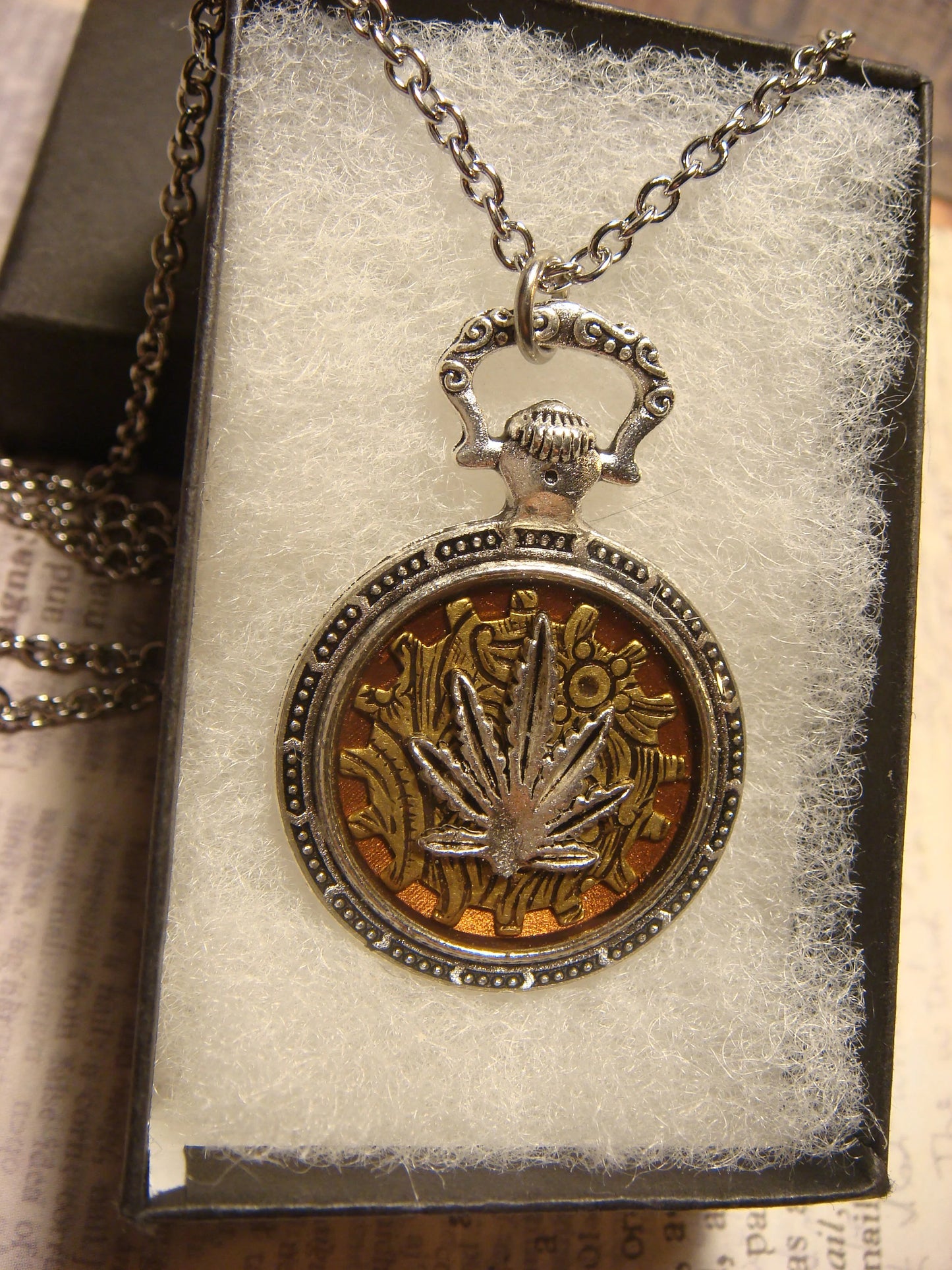 Cannabis Leaf over Etched Gear Pocket Watch Pendant Necklace