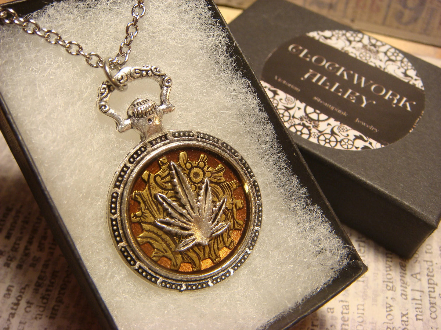 Cannabis Leaf over Etched Gear Pocket Watch Pendant Necklace