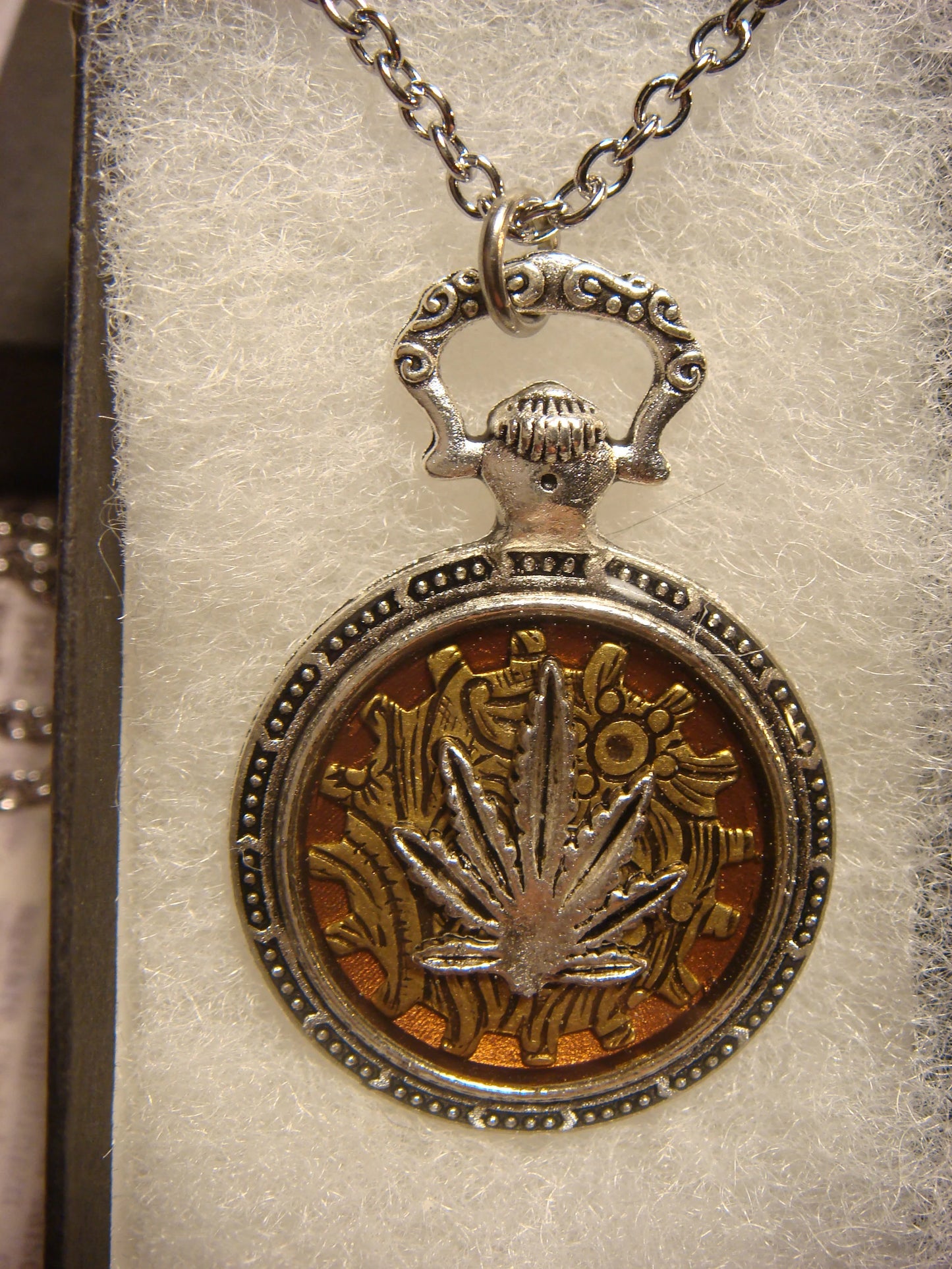 Cannabis Leaf over Etched Gear Pocket Watch Pendant Necklace