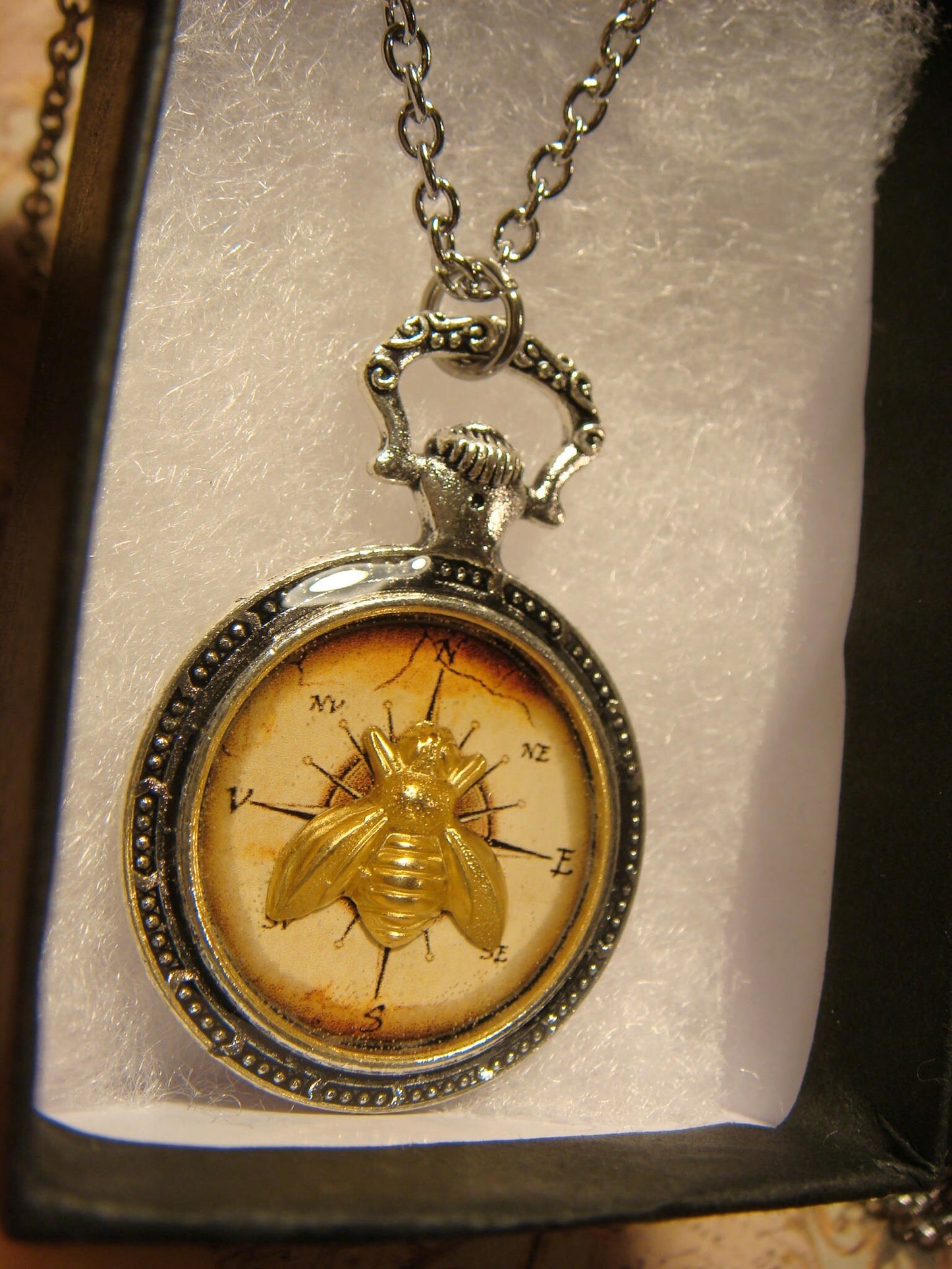 Bee over Compass Pocket Watch Pendant Necklace