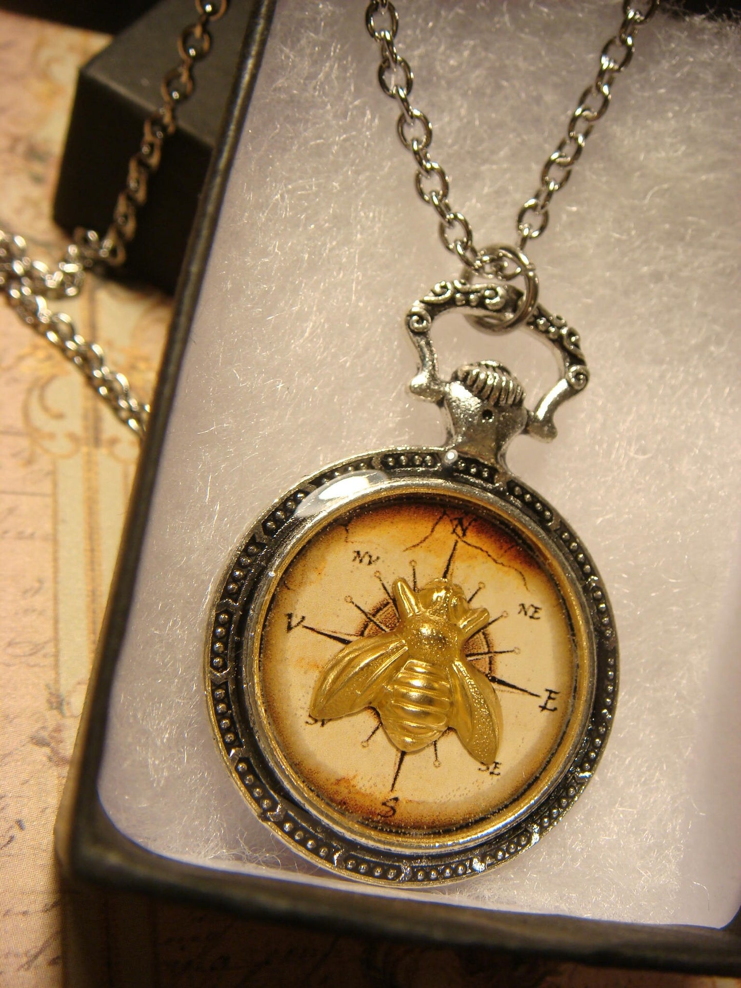 Bee over Compass Pocket Watch Pendant Necklace