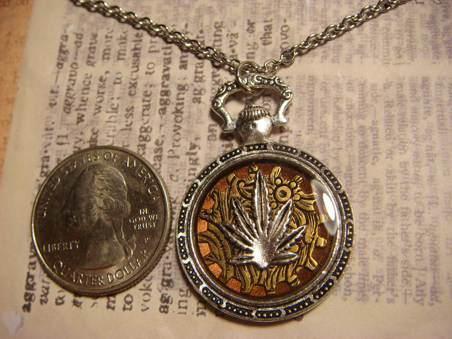 Cannabis Leaf over Etched Gear Pocket Watch Pendant Necklace