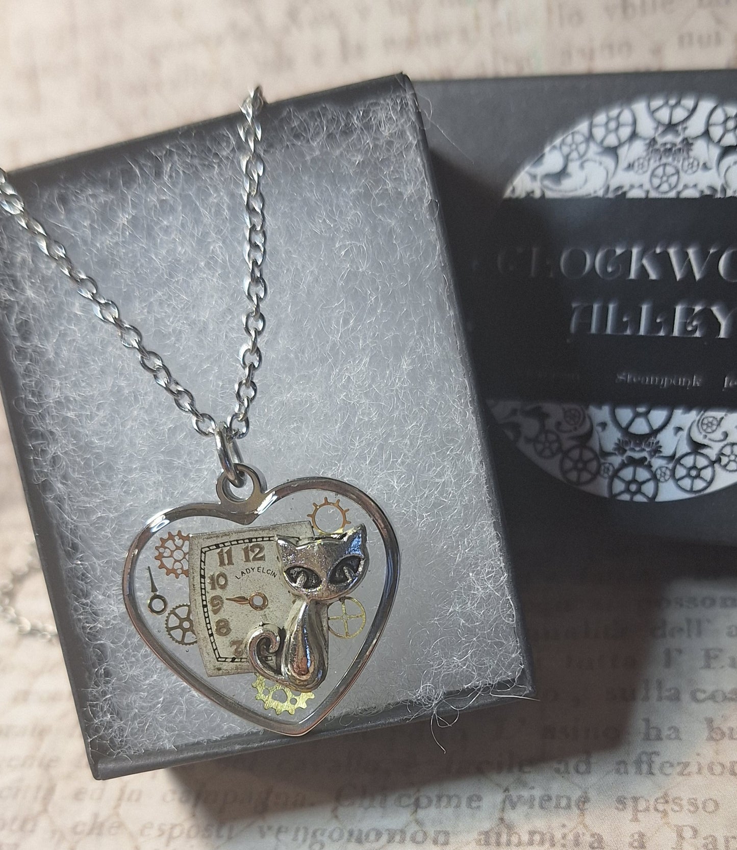 Clockwork Cat Steampunk Heart Pendant Necklace