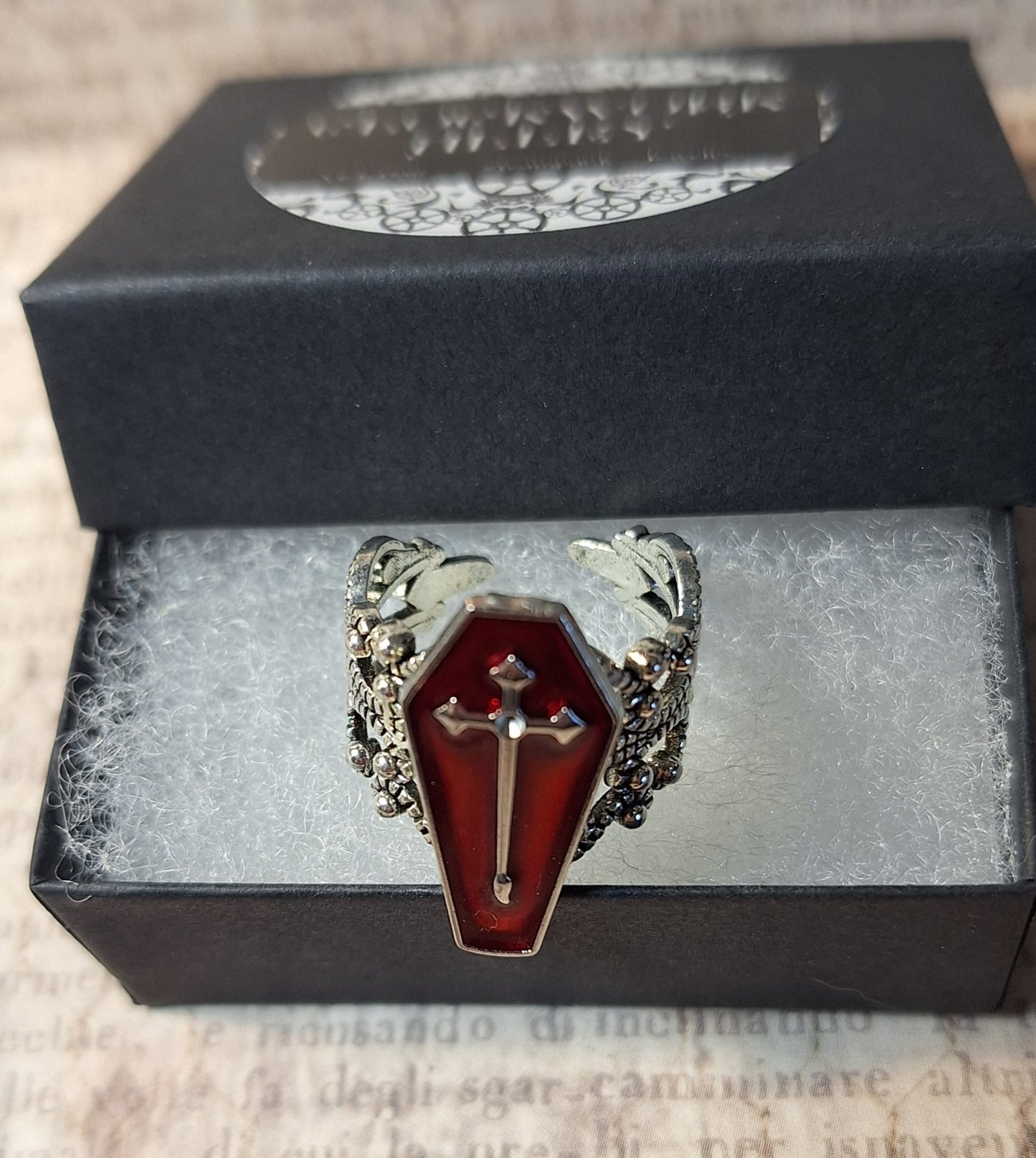 Red Coffin Filigree Ring