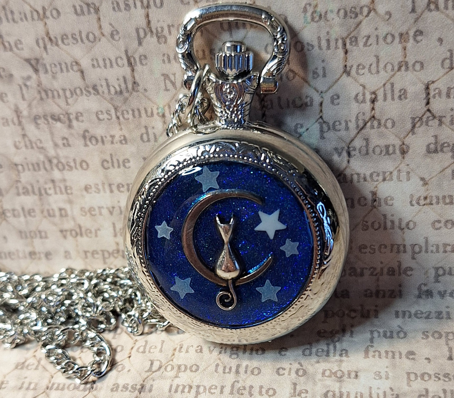 Working Cat on Moon with Glow-in-the-Dark Stars Pocket Watch Necklace