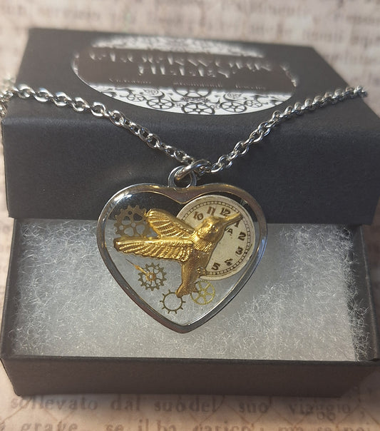 Hummingbird Clockwork Steampunk Heart Pendant Necklace