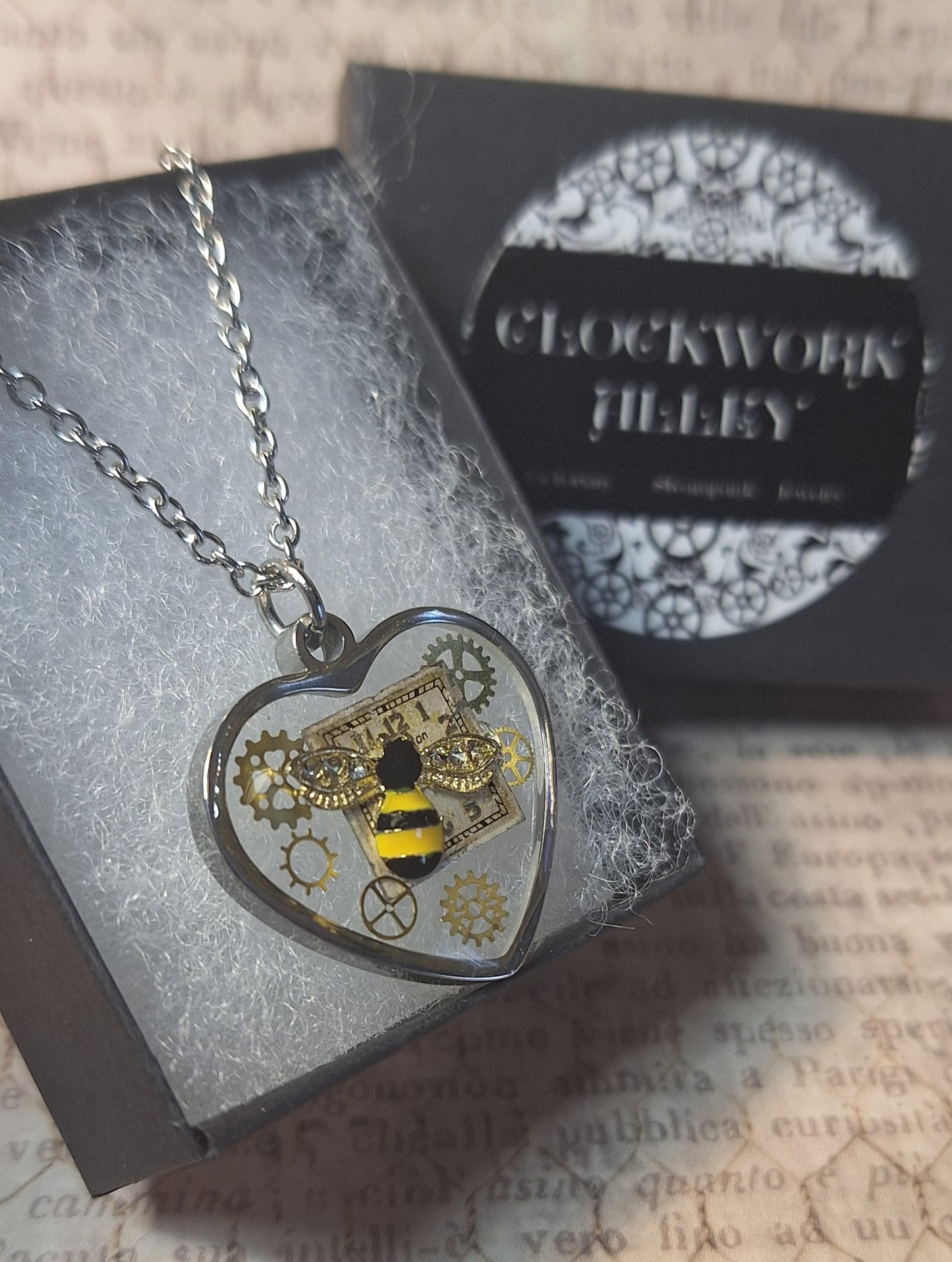 Clockwork Bee Heart Pendant Necklace