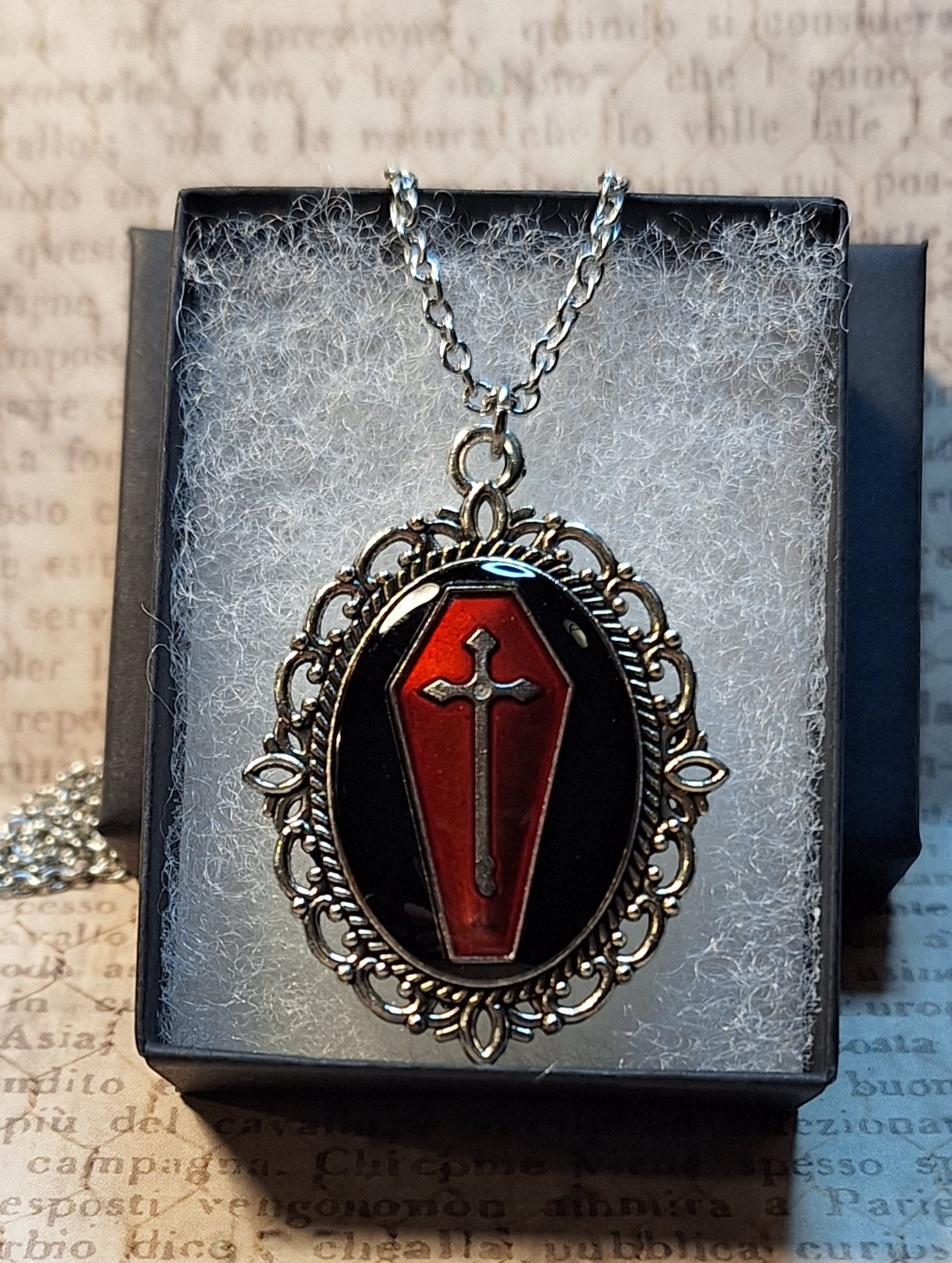 Red Coffin Filigree Pendant Necklace