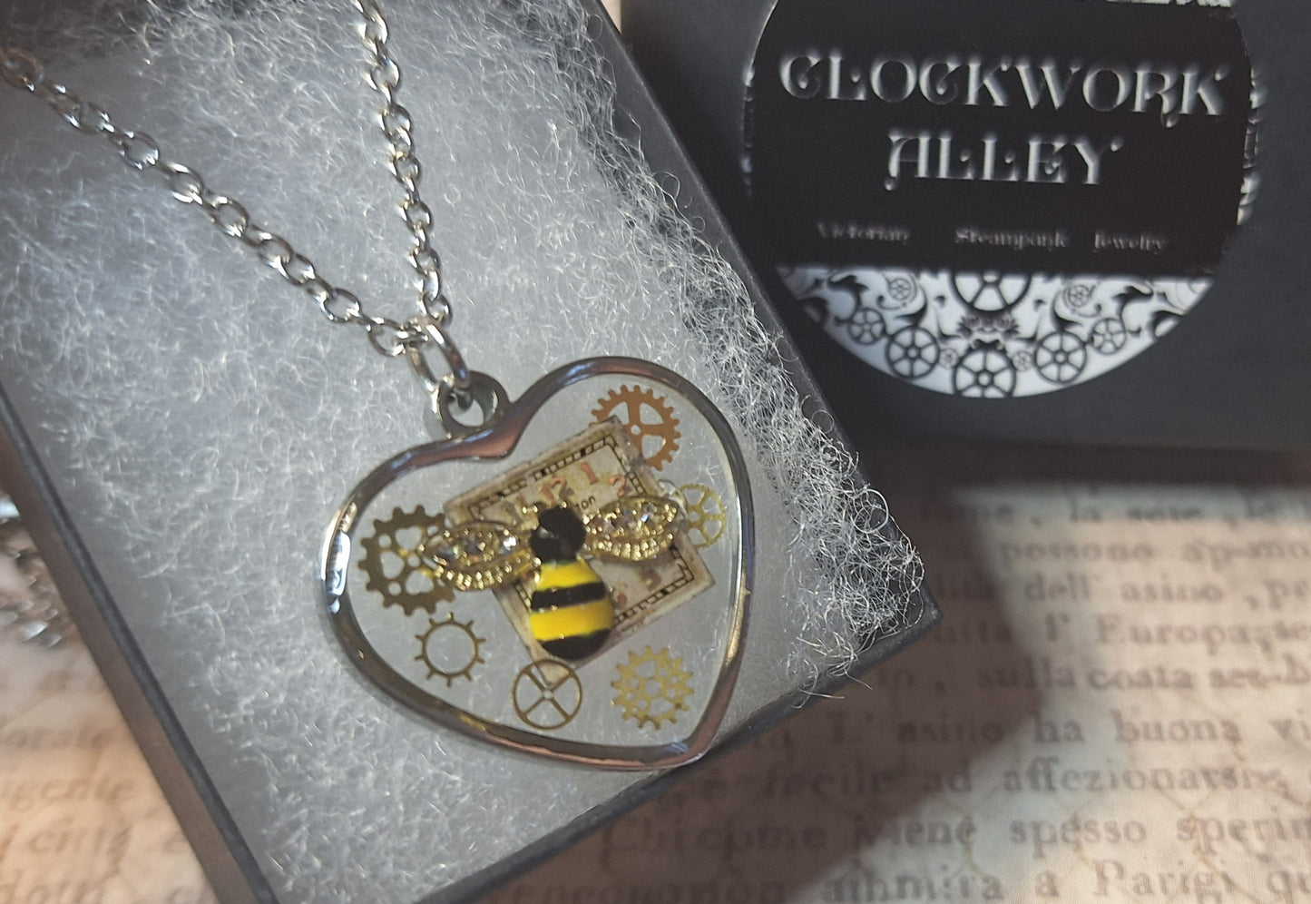 Clockwork Bee Heart Pendant Necklace