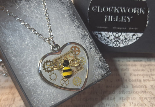 Clockwork Bee Heart Pendant Necklace