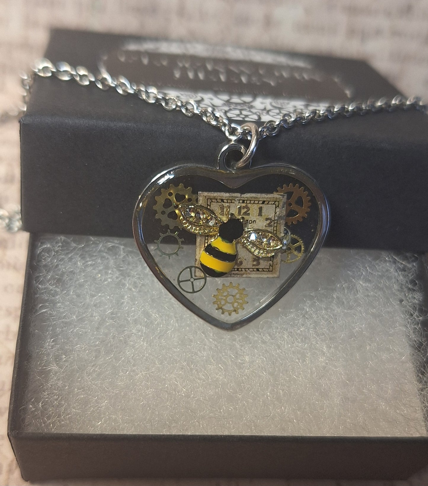 Clockwork Bee Heart Pendant Necklace