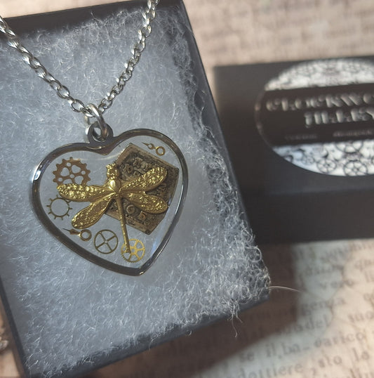 Dragonfly Watch Part Heart Pendant Necklace
