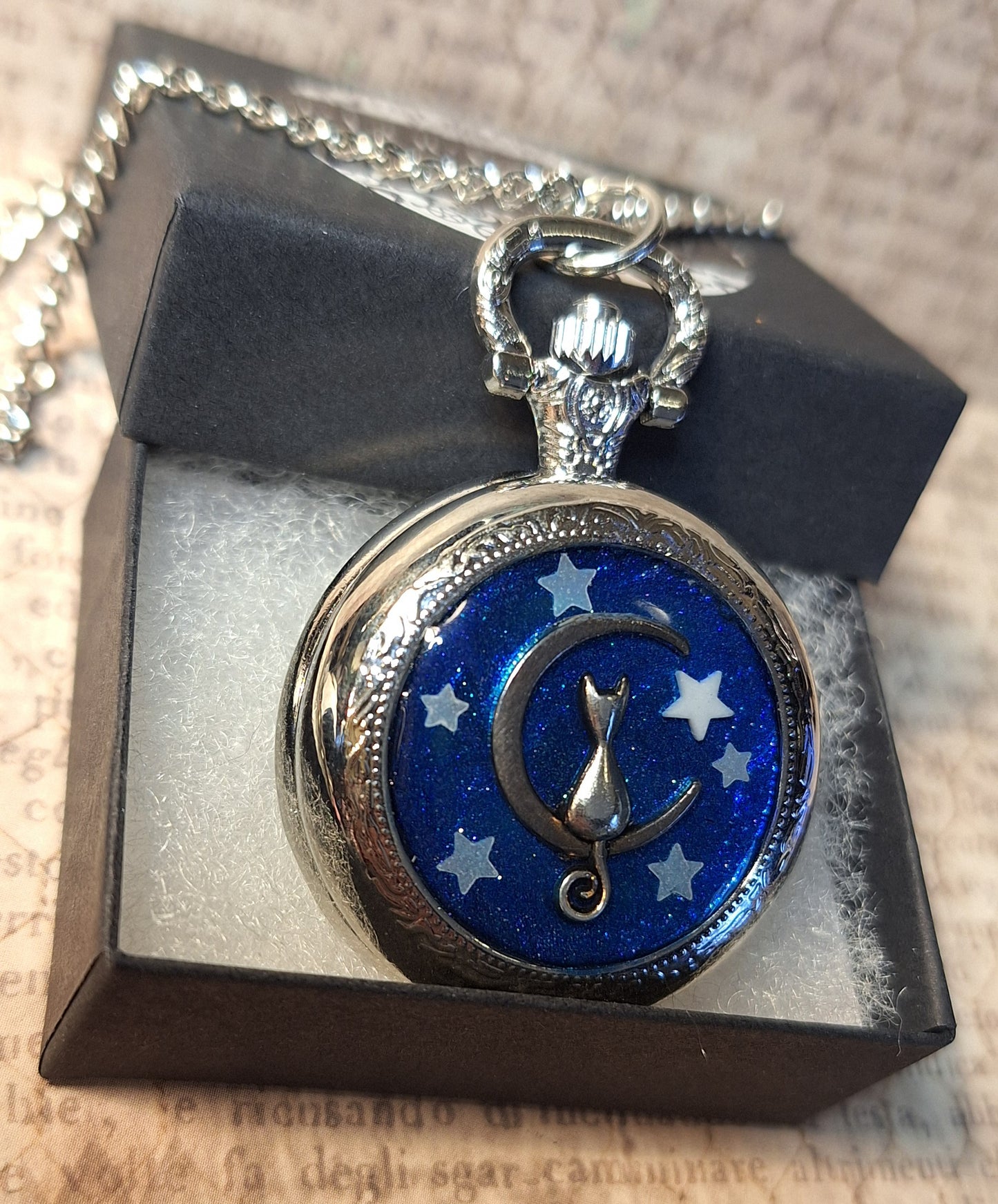 Working Cat on Moon with Glow-in-the-Dark Stars Pocket Watch Necklace