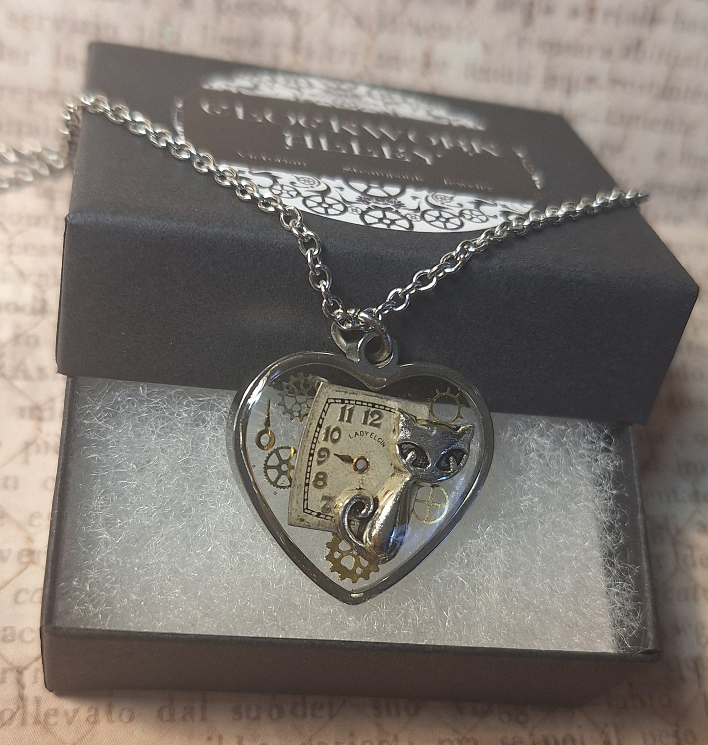 Clockwork Cat Steampunk Heart Pendant Necklace