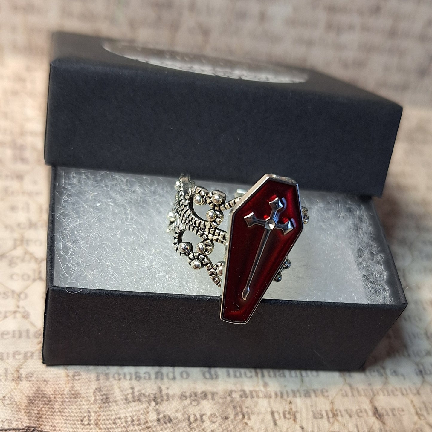 Red Coffin Filigree Ring