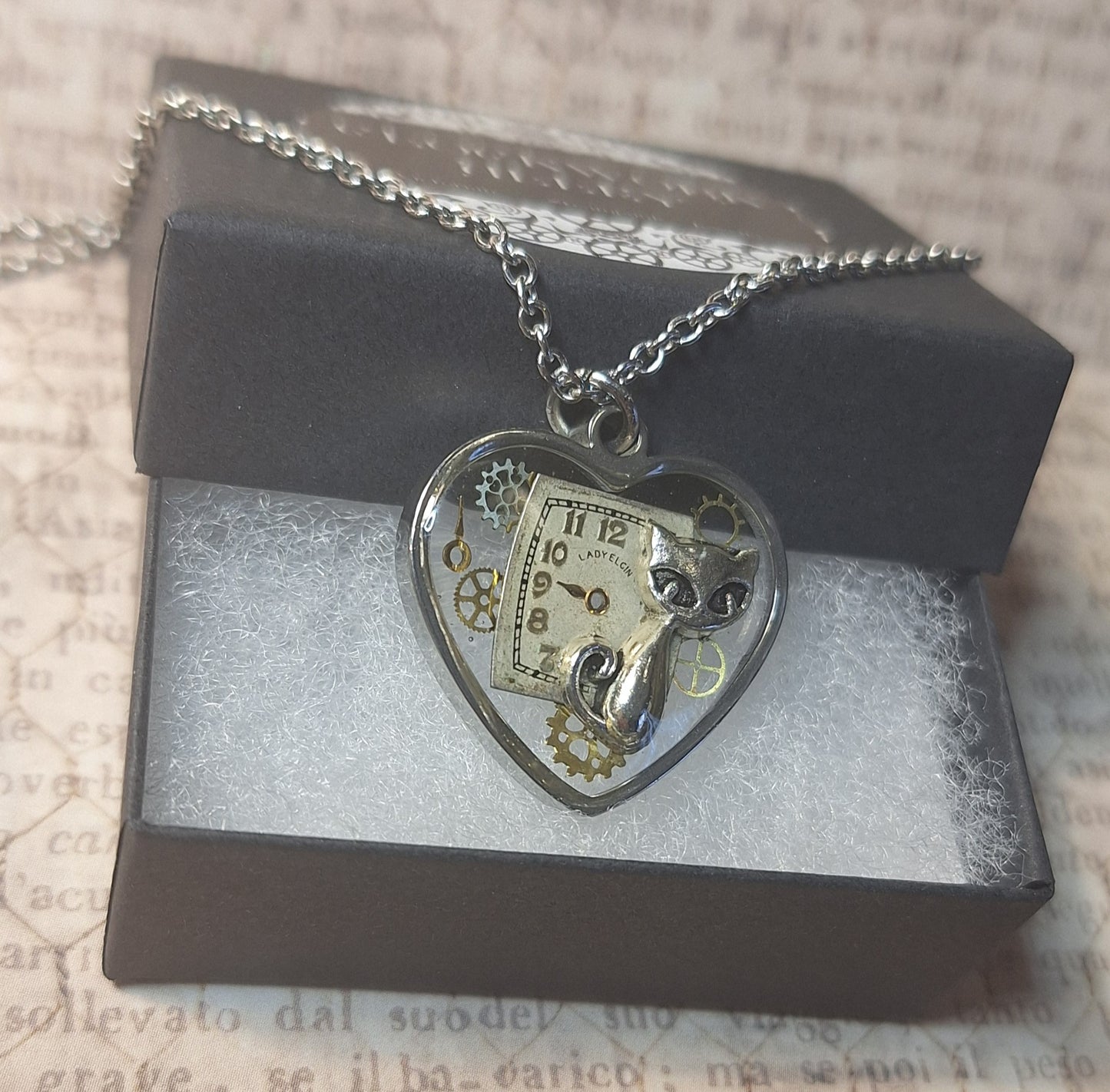 Clockwork Cat Steampunk Heart Pendant Necklace