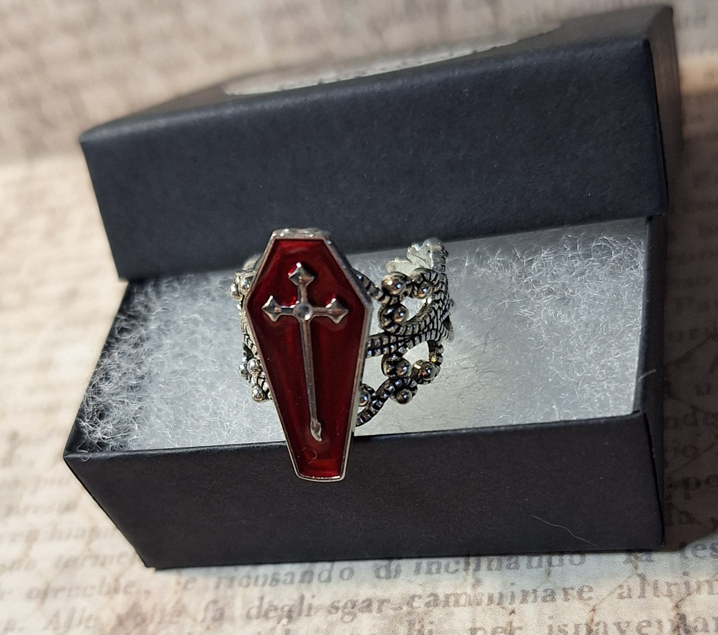 Red Coffin Filigree Ring