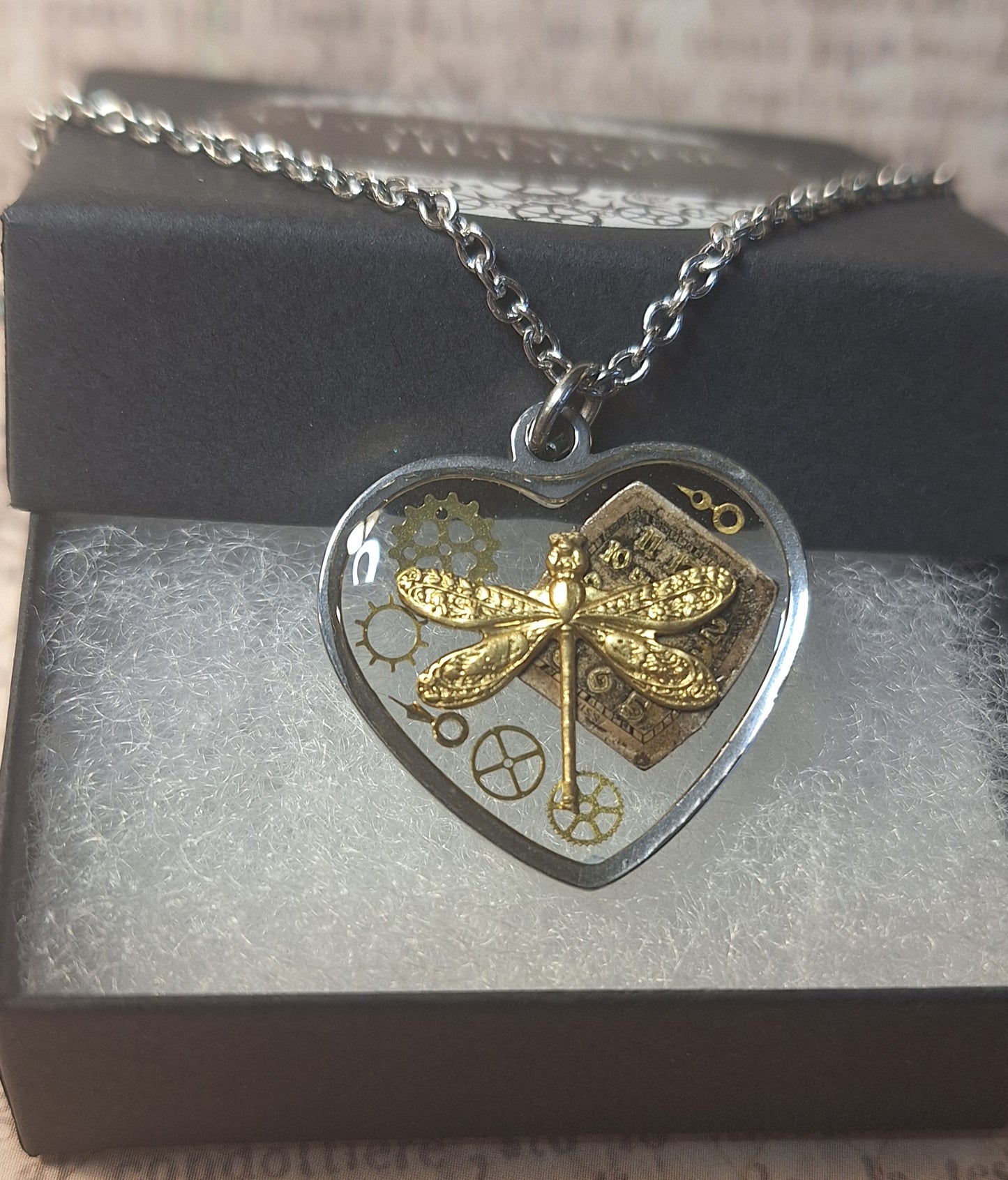Dragonfly Watch Part Heart Pendant Necklace
