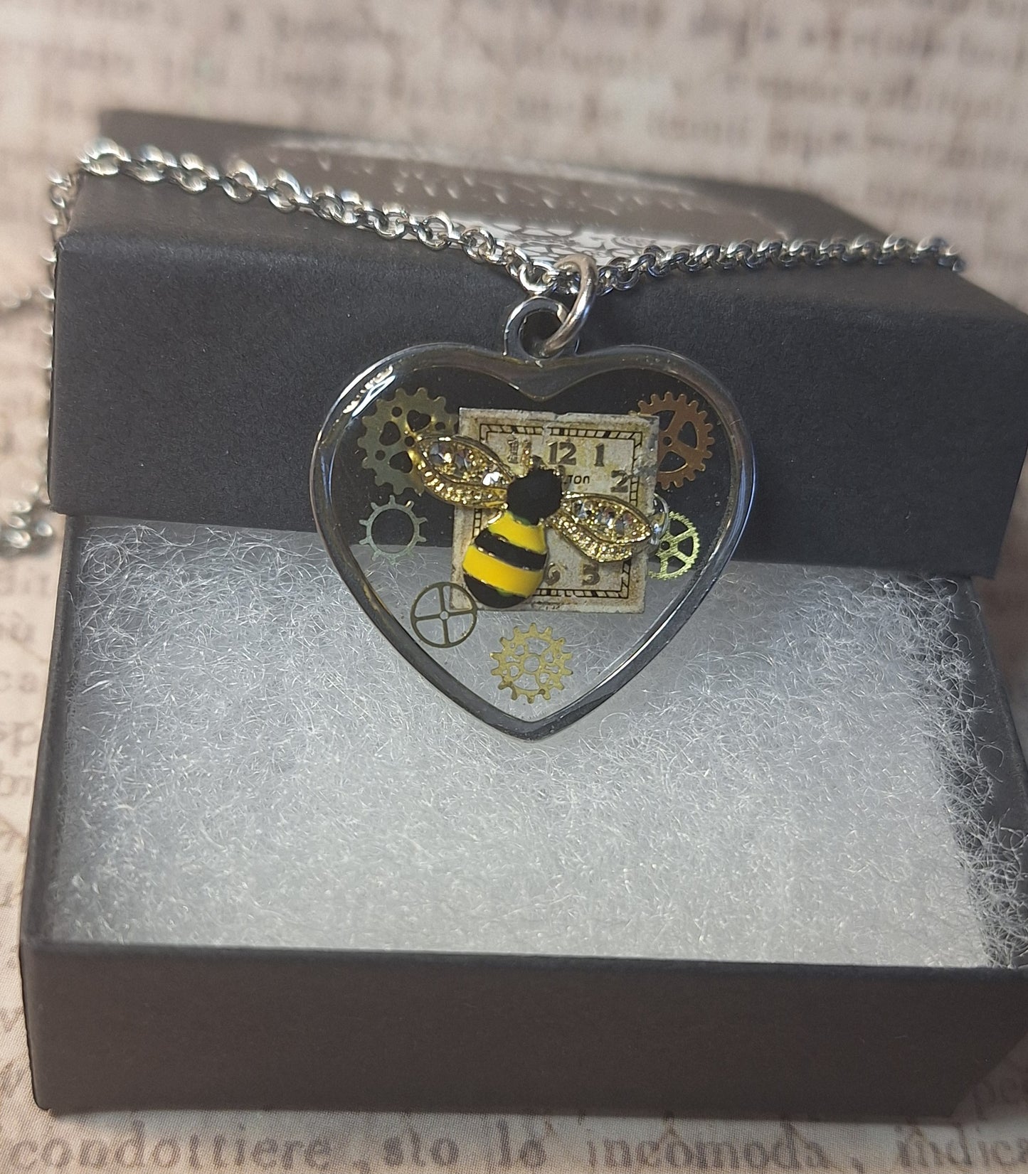 Clockwork Bee Heart Pendant Necklace