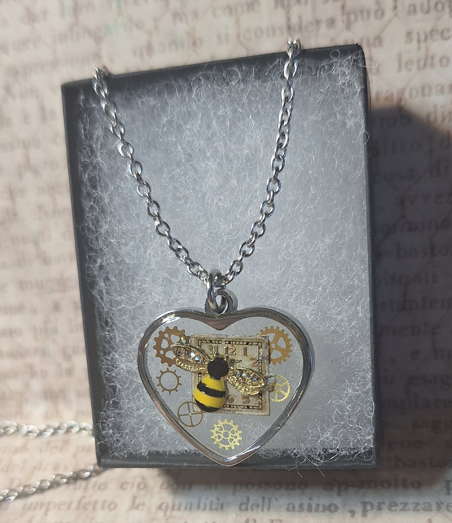 Clockwork Bee Heart Pendant Necklace