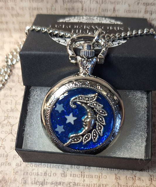 Celestial Moon with Glow-in-the-dark Stars Working Pocket Watch Necklace
