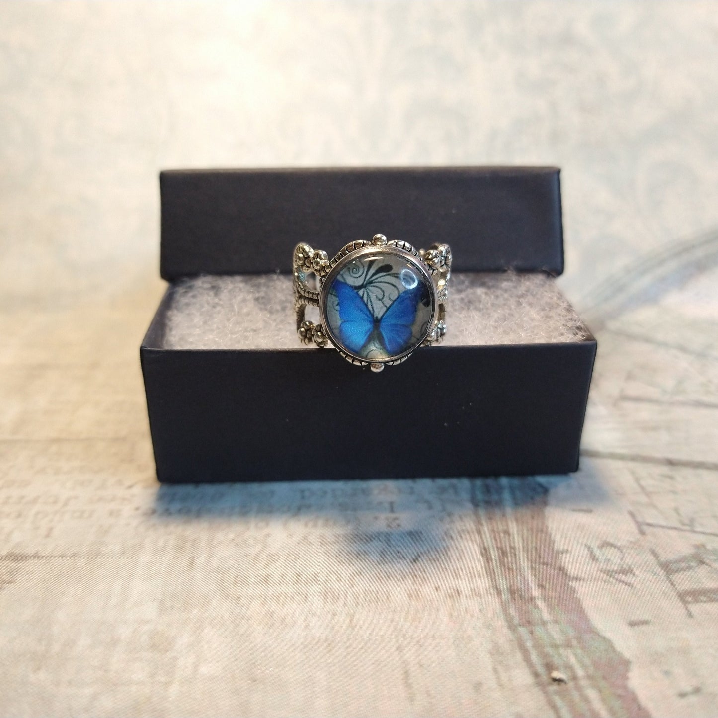 Blue Butterfly Image Filigree Ring in Antique Silver - Adjustable