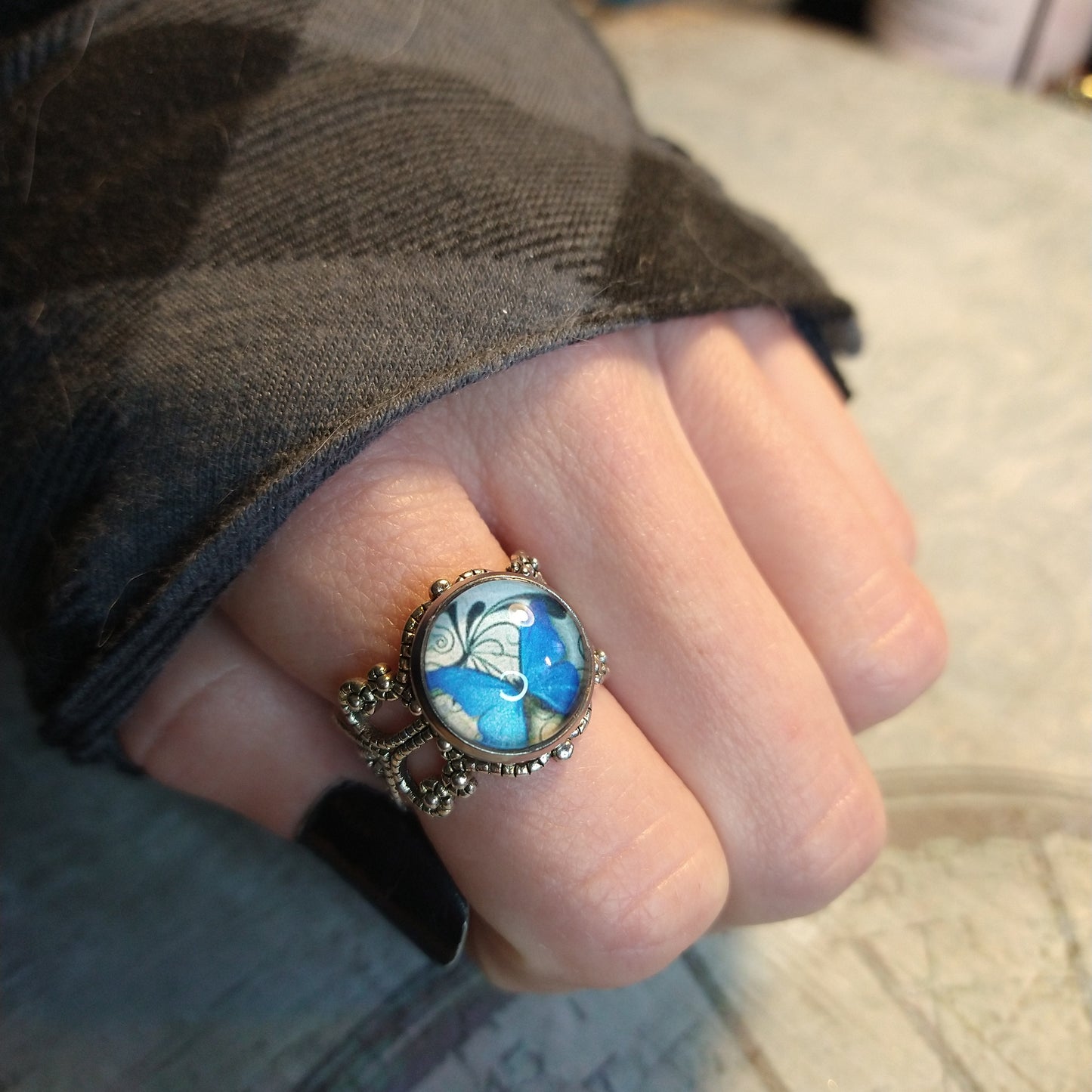 Blue Butterfly Image Filigree Ring in Antique Silver - Adjustable