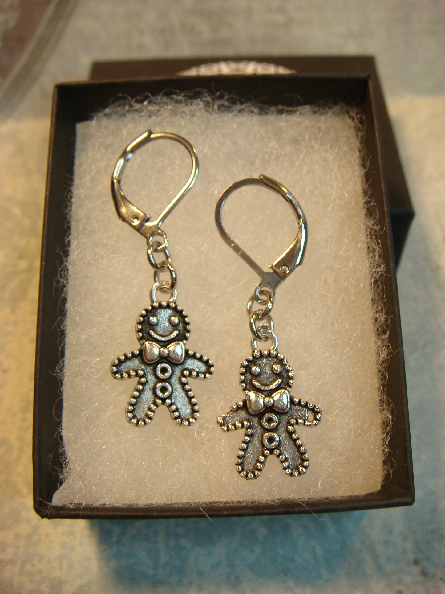 Gingerbread Man Dangle Earrings in Antique Silver