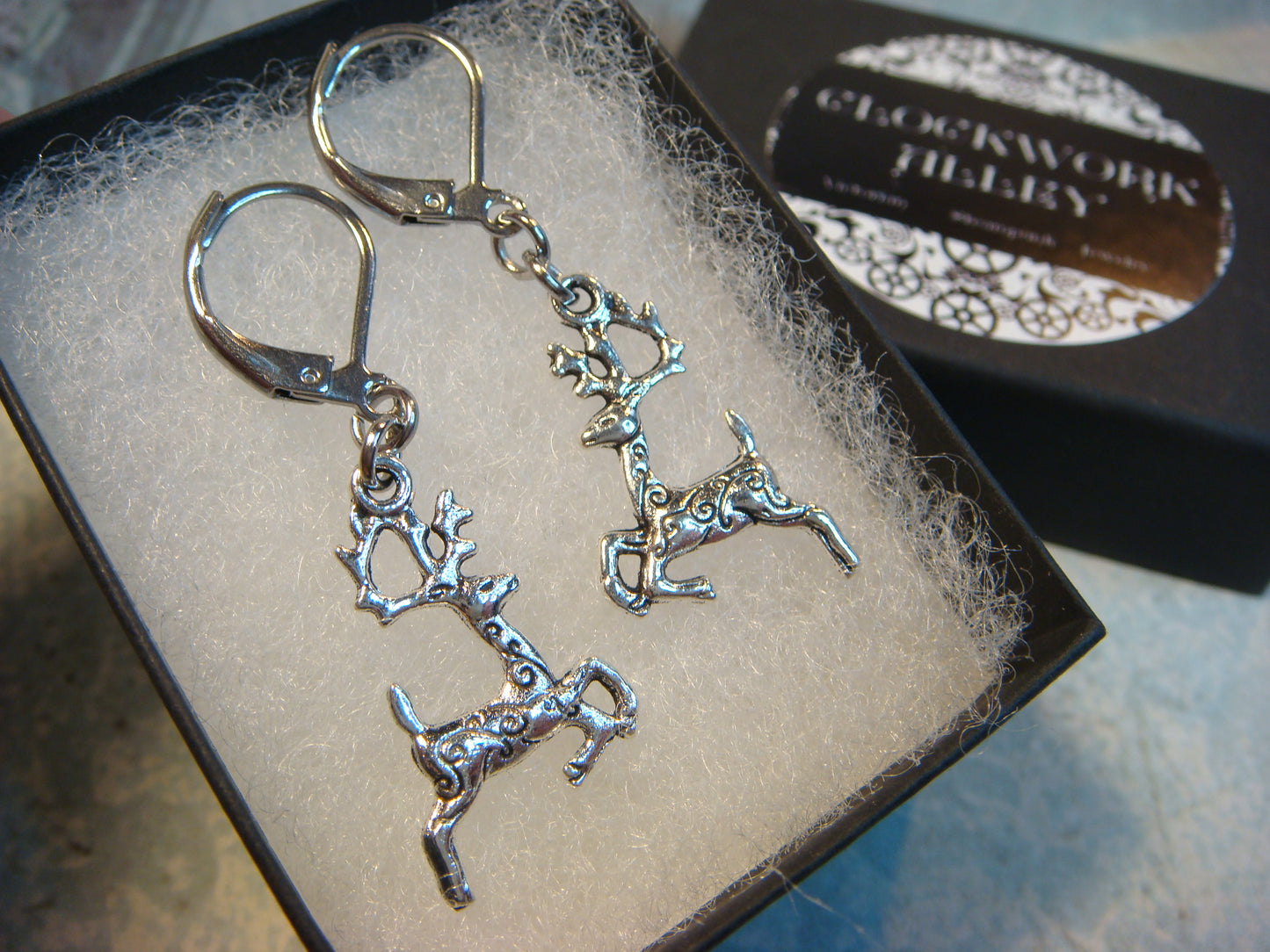 Reindeer Dangle Earrings in Antique Silver