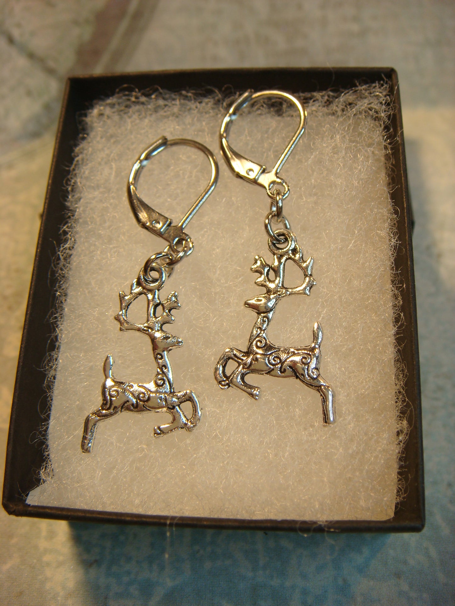 Reindeer Dangle Earrings in Antique Silver