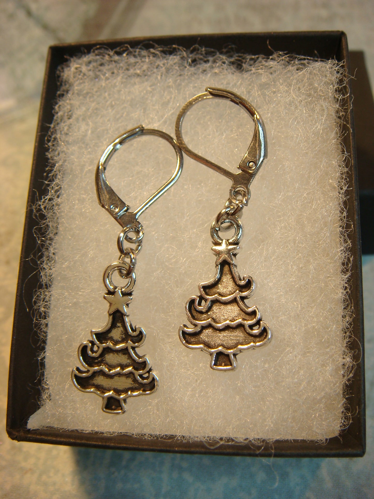 Christmas Tree Dangle Earrings in Antique Silver