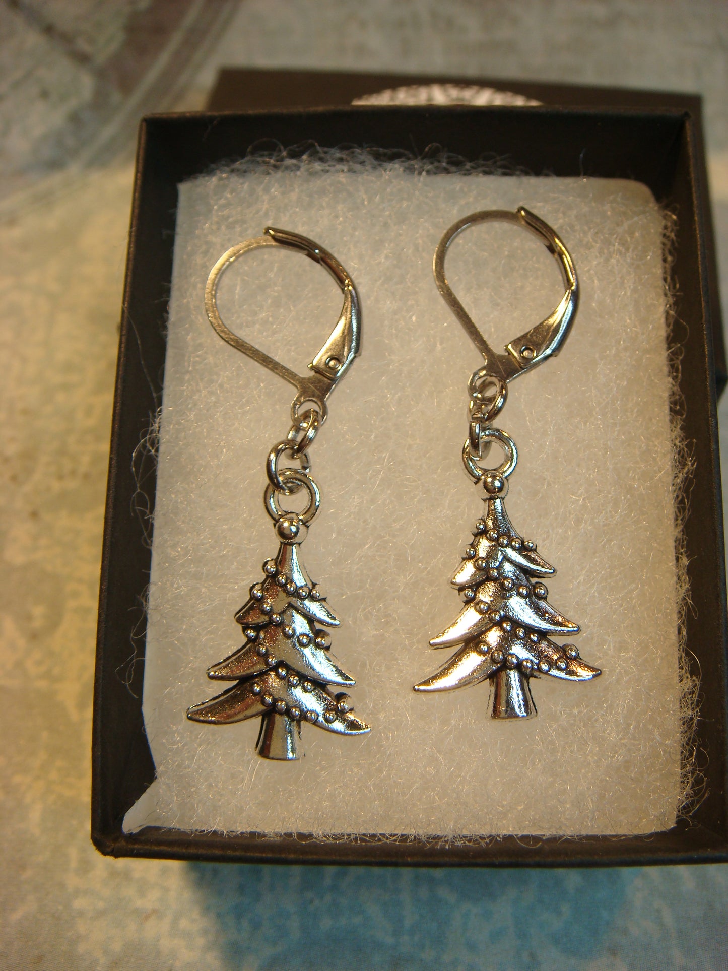 Christmas Tree Dangle Earrings in Antique Silver