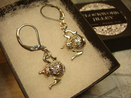 Tea Kettle Dangle Earrings in Antique Silver