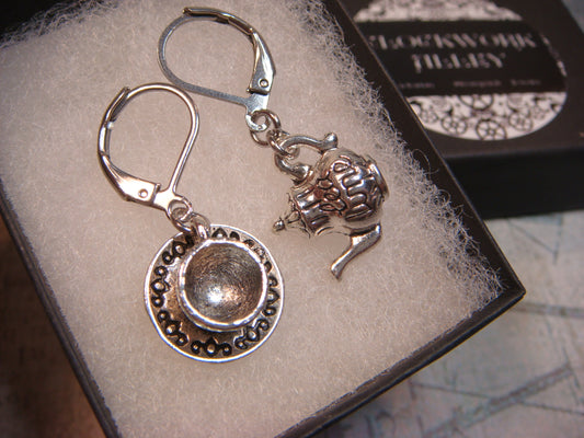 Tea Cup and Kettle Dangle Earrings in Antique Silver