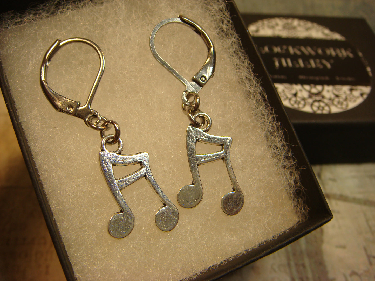 Music Notes Dangle Earrings in Antique Silver