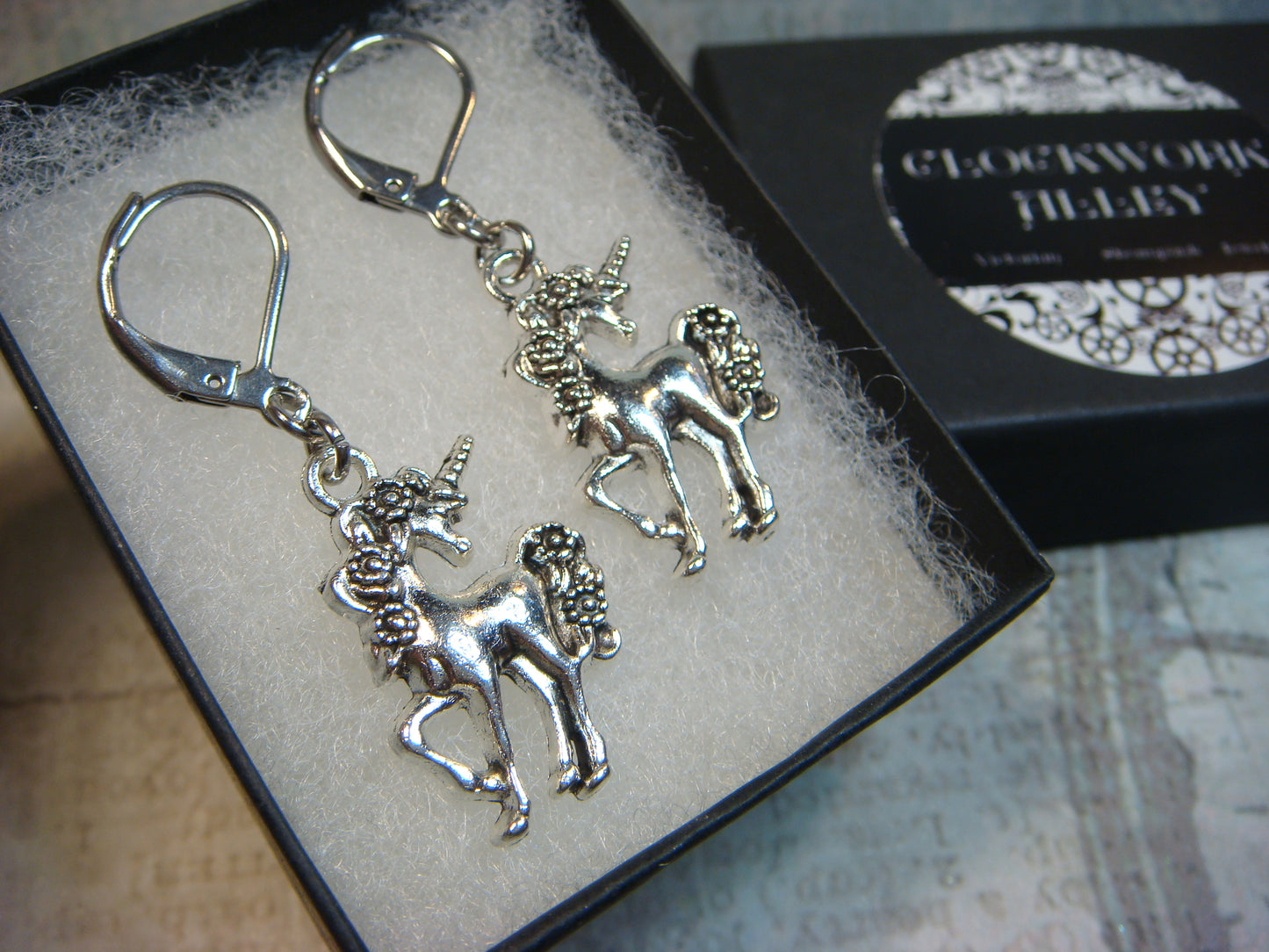 Unicorn Dangle Earrings in Antique Silver